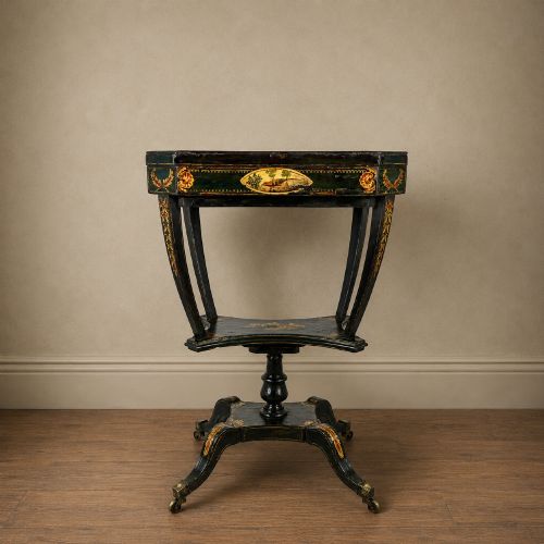 Regency Green & Gilt Painted Sewing/ Occasional Table