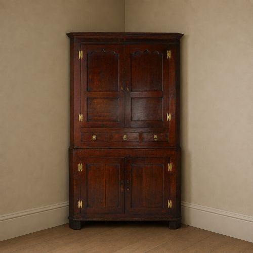 Large George II Oak Double Floorstanding Corner Cupboard