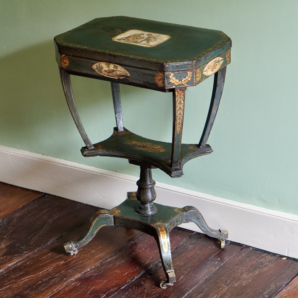 Regency green & gilt painted sewing/ occasional table View II