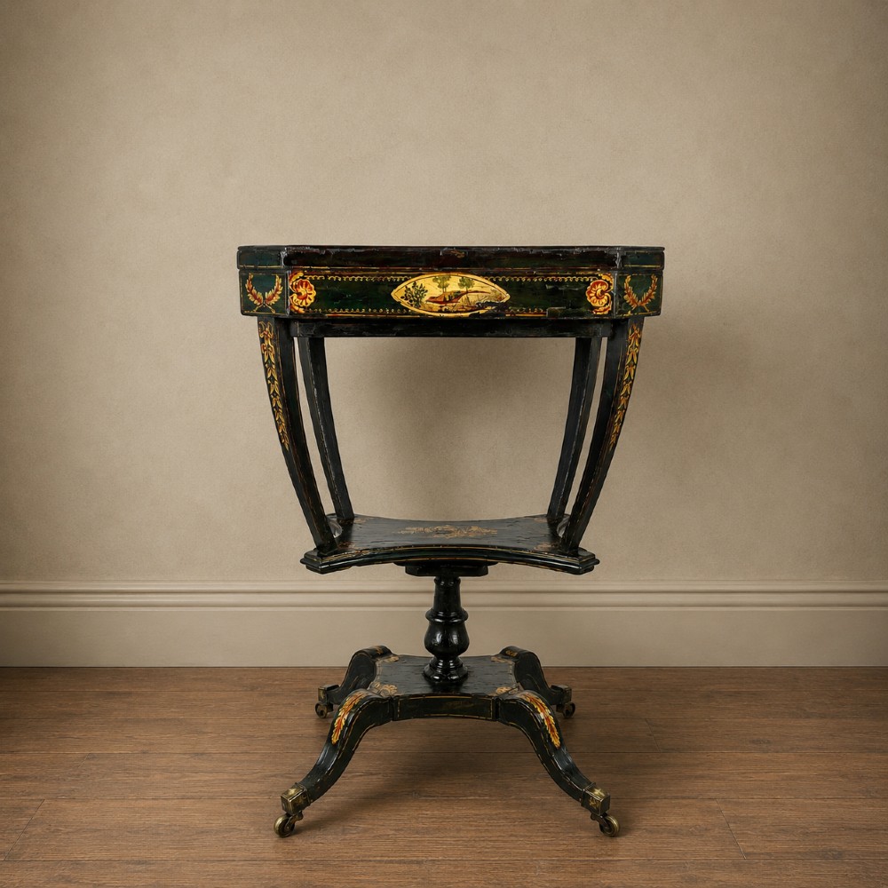 Regency green & gilt painted sewing/ occasional table