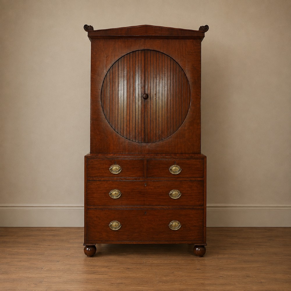 Rare Regency Mahogany Circular Tambour Linen Press Cabinet