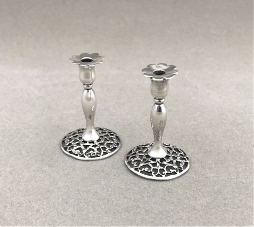 A Rare Pair of William Comyns Silver Dolls House Miniature Candlesticks