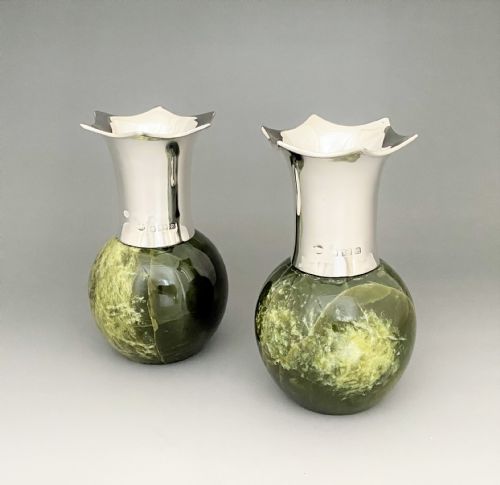 A Rare Pair of Victorian Silver & Connemara Marble Vases/candle Holders