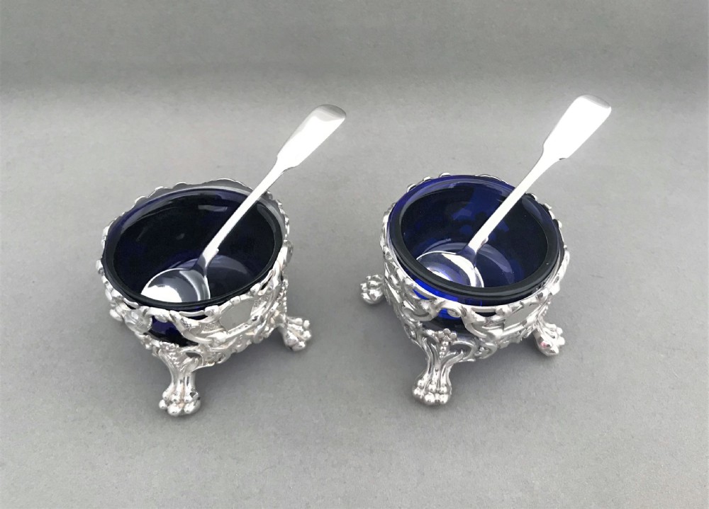 A magnificent pair of Victorian silver salt tubs & spoons View II