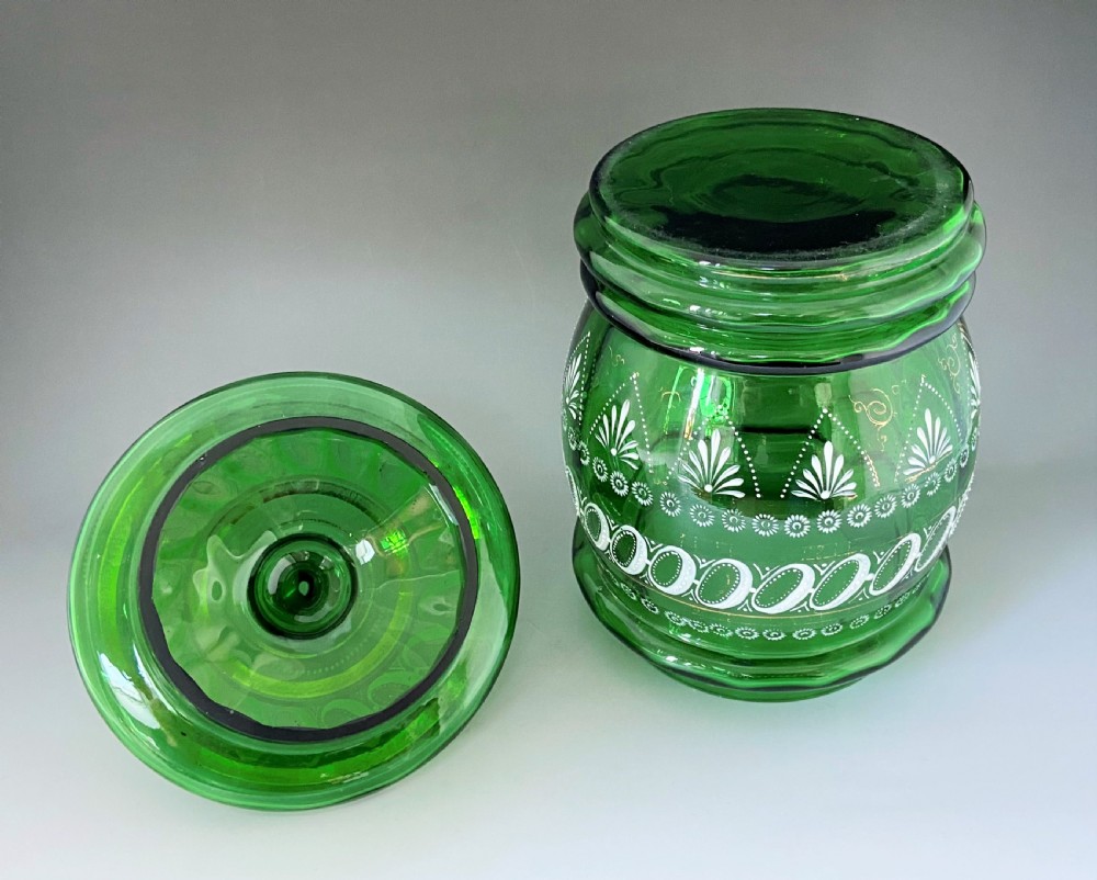 A lovely enamel painted Victorian glass biscuit barrel View V