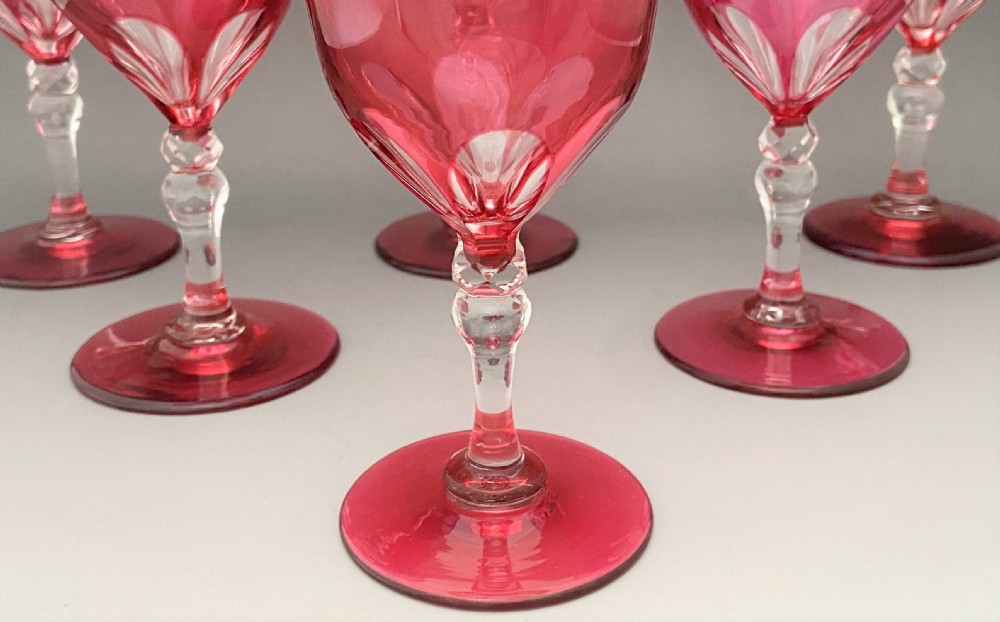 A gorgeous set of 6 Victorian cranberry wine glasses View III