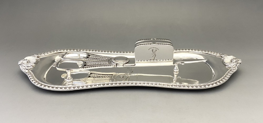 An outstanding Georgian York silver candle snuffer/ wick trimmers and tray View II