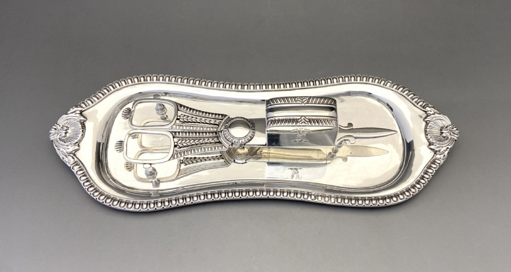 An outstanding Georgian York silver candle snuffer/ wick trimmers and tray View III