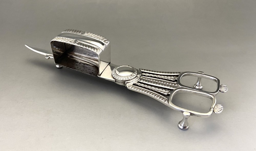 An outstanding Georgian York silver candle snuffer/ wick trimmers and tray View X