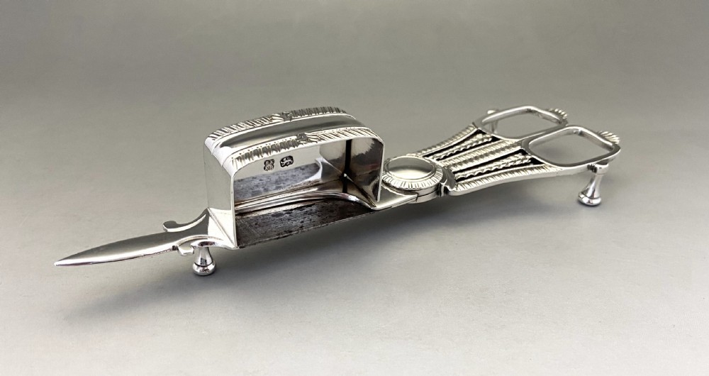 An outstanding Georgian York silver candle snuffer/ wick trimmers and tray View XI