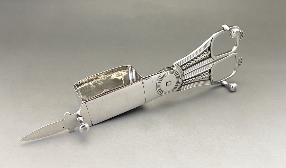 An outstanding Georgian York silver candle snuffer/ wick trimmers and tray View XII