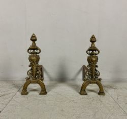 PAIR OF GEORGIAN BRASS BAROQUE FIRE DOGS