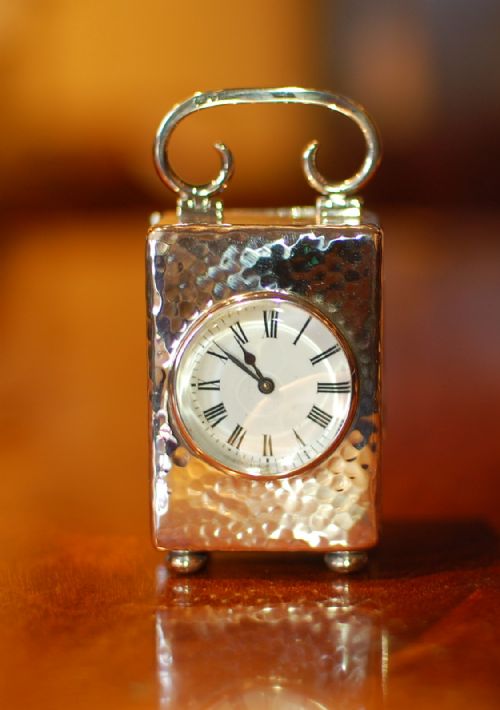 classic hammered silver carriage clock timepiece - CATEGORY: ANTIQUE CLOCKS - DATED 1910