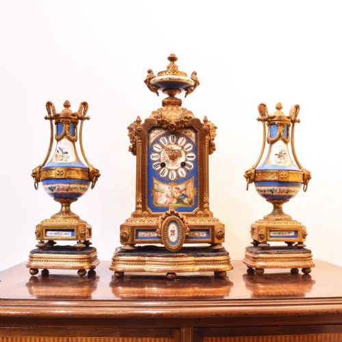 decorative french clock with sevres panels and garnitures - CATEGORY: ANTIQUE CLOCKS - DATED 1880