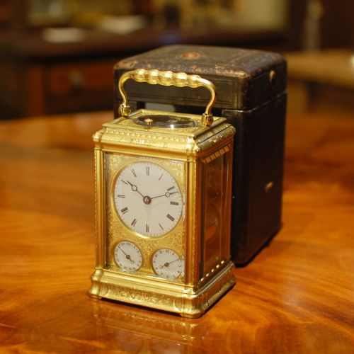 fine carriage clock with calendar - CATEGORY: ANTIQUE CLOCKS - DATED 1870