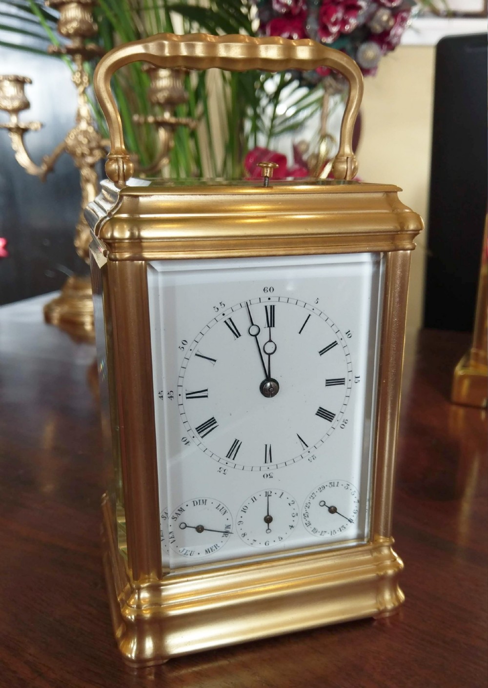 Large Carriage clock, triple sub dials, Grande Sonnerie on Bells.  