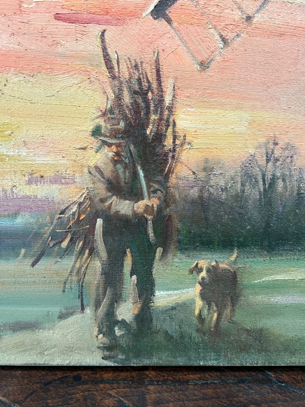 An oil painting depicting a wooden windmill at sunset with a figure walking alongside a dog in a rural landscape. View II