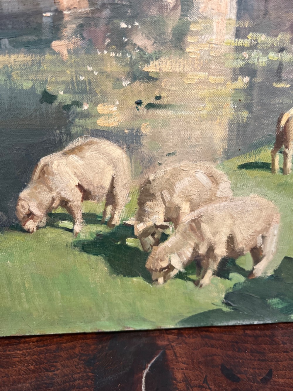 An oil painting depicting Bodiam Castle with its stone towers reflecting in a moat, surrounded by green lawns with grazing sheep under a blue sky. View III