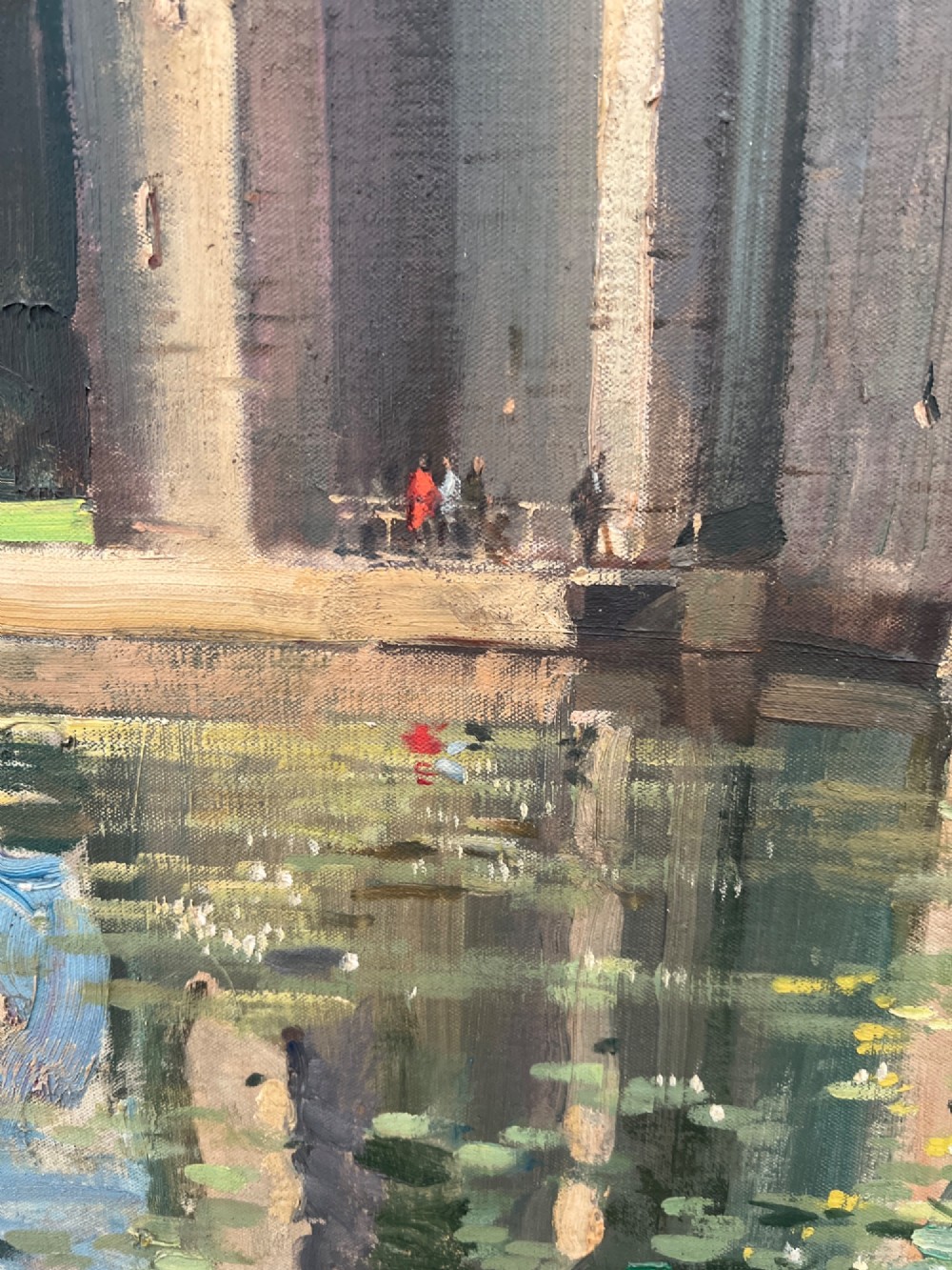 An oil painting depicting Bodiam Castle with its stone towers reflecting in a moat, surrounded by green lawns with grazing sheep under a blue sky. View IV
