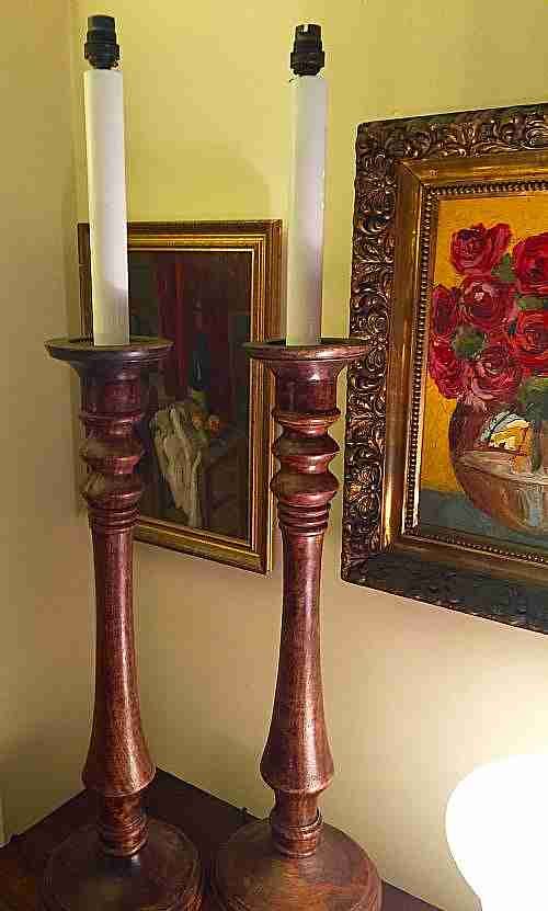 Very Tall Massive 1900 Table Lamps Oak