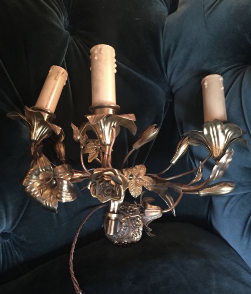 PAIR ART NOUVEAU THREE BRANCH ORNATE WALL LIGHTS - ADDITIONAL PHOTO 5