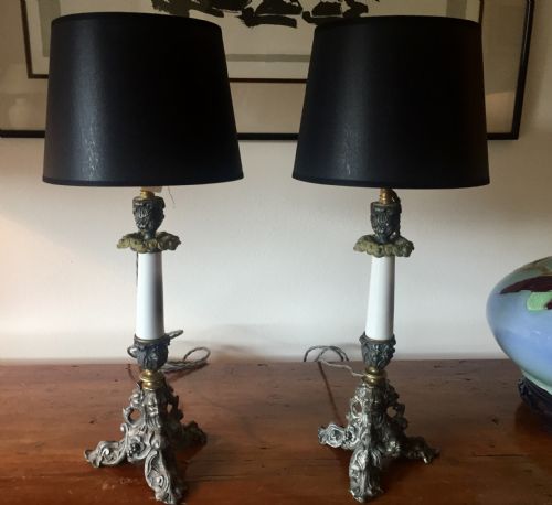 Pair Napoleon III Table Lamps Silvered Bronze and Ceramic