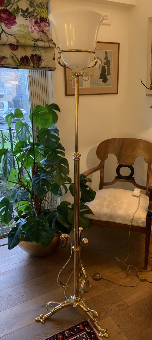 TALL HANDSOME EDWARDIAN TELESCOPIC UPLIGHTER BRASS AND OPALINE - ADDITIONAL PHOTO 9