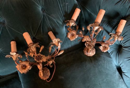 PAIR ART NOUVEAU THREE BRANCH ORNATE WALL LIGHTS - ADDITIONAL PHOTO 3