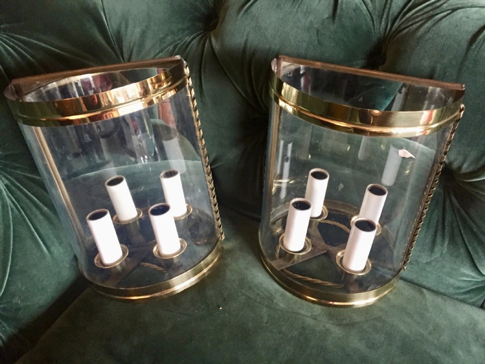Traditional  Pair Art Deco Twin Half Wall Lanterns Mirror and Brass
