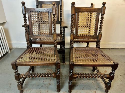 A Rare & Beautiful 1920’s Year Old Antique Oak Barley Twist Bergere Cane Chairs
