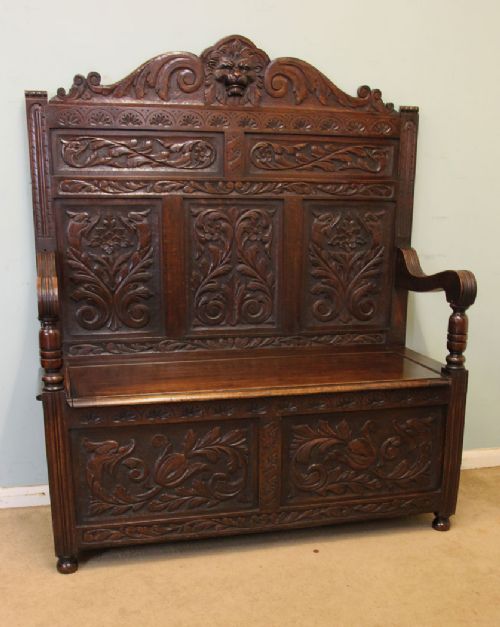 Antique Carved Oak Settle Monks Bench Hall Seat