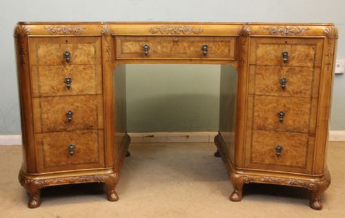 Burr Walnut Pedestal Knee Hole Art Deco Writing Desk