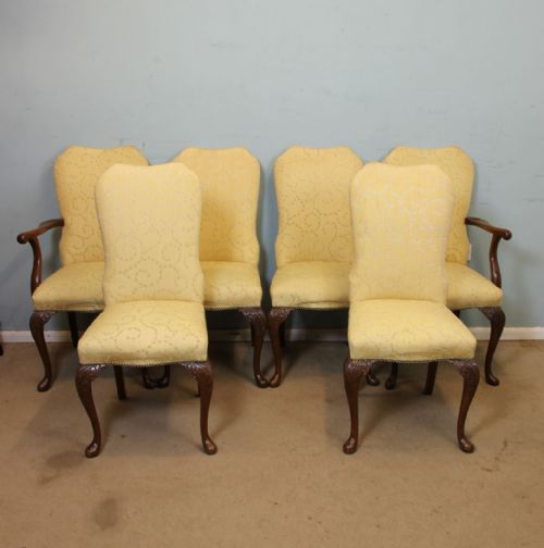 Set Six Walnut Queen Anne Style Padded Back Dining Chairs