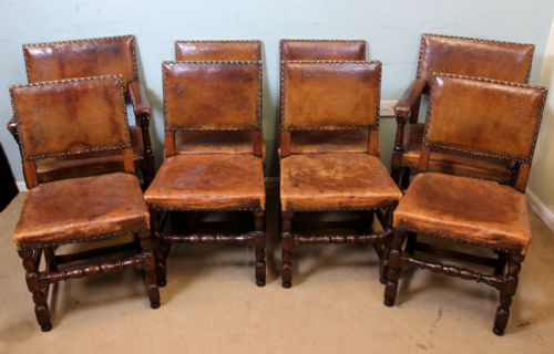 Antique Set 8 Oak Jacobean Country Dining Chairs