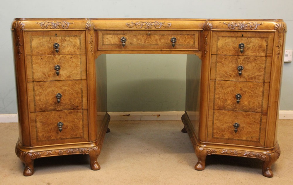 Burr Walnut Pedestal Knee Hole Art Deco Writing Desk 