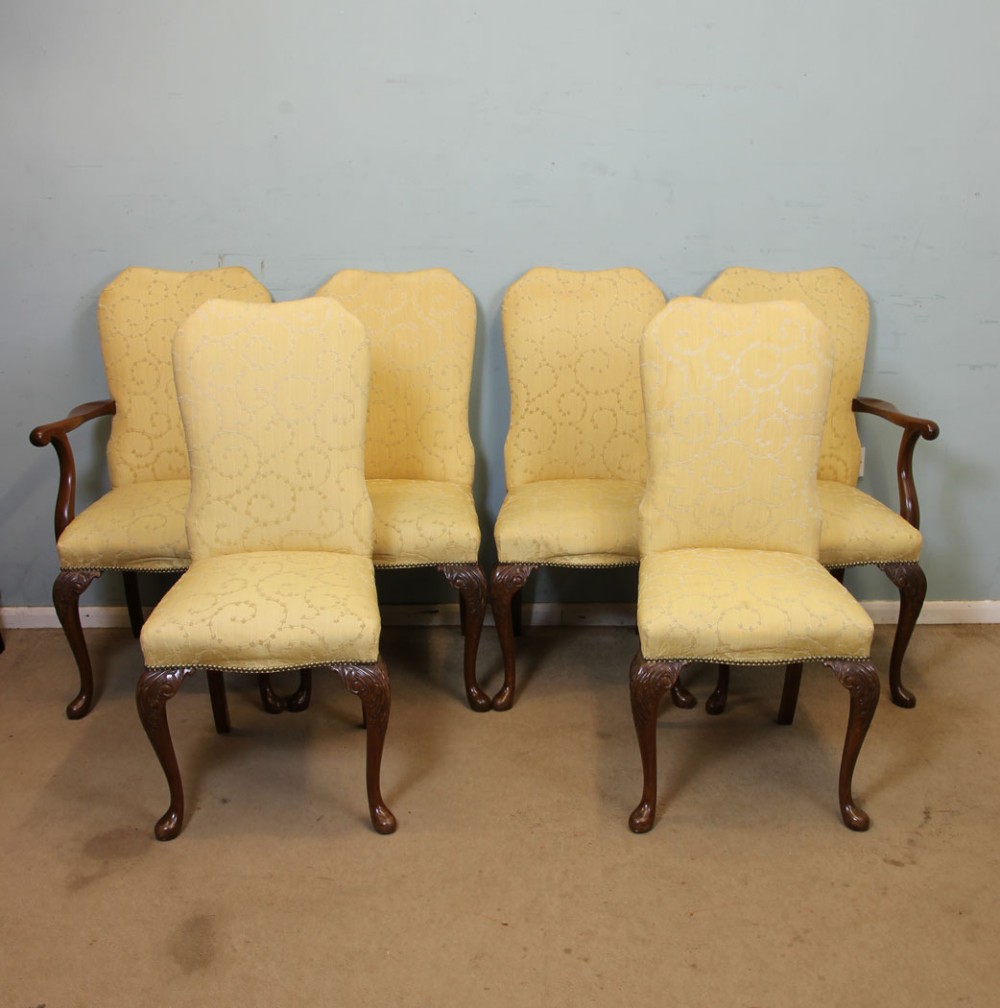 Set Six Walnut Queen Anne Style Padded Back Dining Chairs