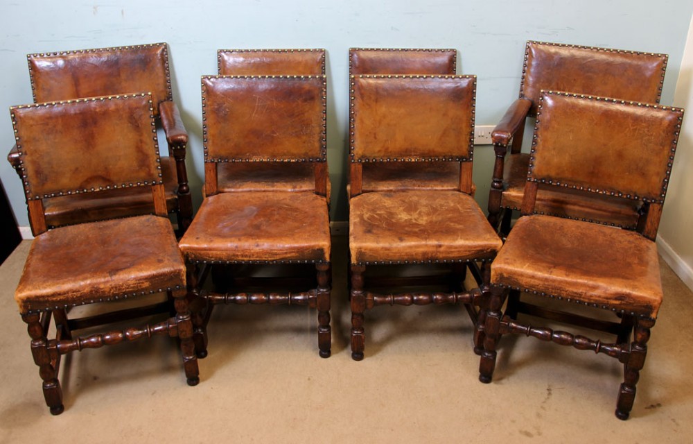 Antique Set 8 Oak Jacobean Country Dining Chairs