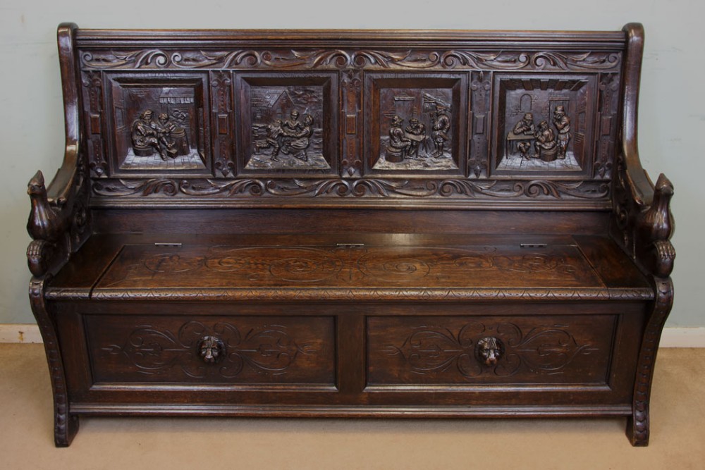 Antique Victorian Oak Settle Monks Bench Hall Seat. 