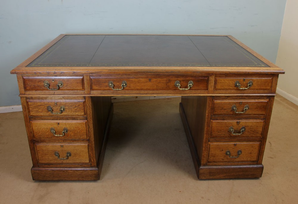 Oak Twin Pedestal Knee Hole Partners Writing Desk