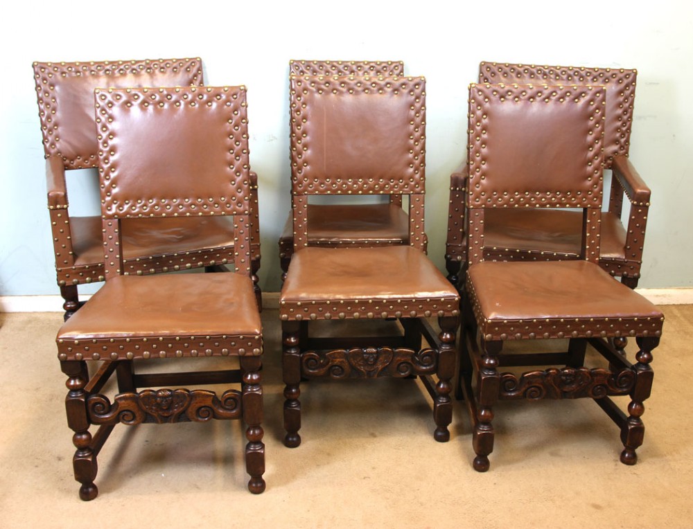 Antique Set Of Six Oak Padded Back Dining Chairs. | 571689