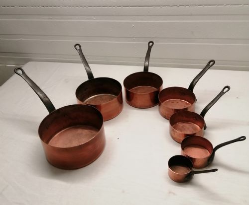 AN ANTIQUE SET OF FRENCH COPPER AND STEELIRON PANS - ADDITIONAL PHOTO 2