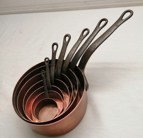 AN ANTIQUE SET OF FRENCH COPPER AND STEELIRON PANS - ADDITIONAL PHOTO 3