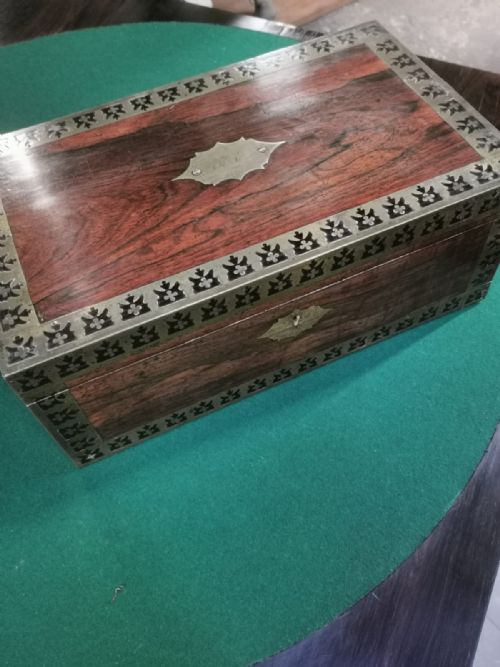 a regency rosewood ebony and brass inlaid writing slope - CATEGORY: ANTIQUE BOXES - DATED REGENCY