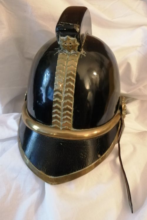 antique leather and brass fireman's helmet - CATEGORY: ANTIQUE MISCELLANEOUS - DATED VICTORIAN