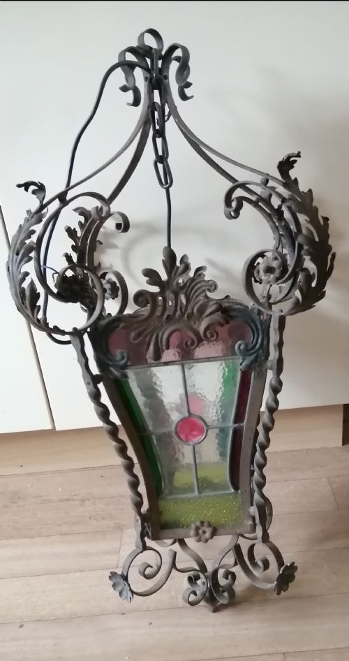 a good antique french wrought iron and stained glass lantern - CATEGORY: ANTIQUE LIGHTING - DATED 1870