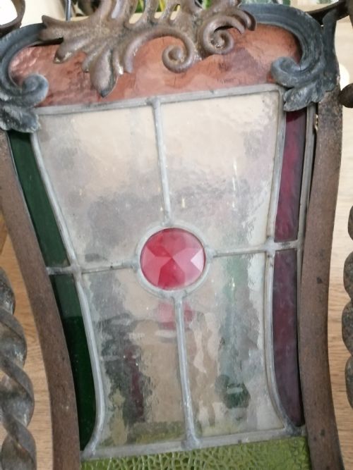 A GOOD ANTIQUE FRENCH WROUGHT IRON AND STAINED GLASS LANTERN - ADDITIONAL PHOTO 5