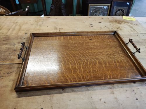 a large edwardian oak and brass tray - CATEGORY: ANTIQUE MISCELLANEOUS - DATED 1910