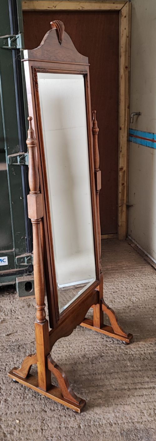 antique figured and carved walnut cheval dressing mirror - CATEGORY: ANTIQUE MIRRORS - DATED 1920