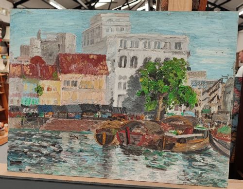 vintage oil painting of a mediterranean marina view - CATEGORY: ANTIQUE ART - DATED 1960