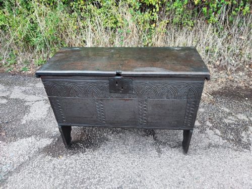 fine 17c carved plank coffer - CATEGORY: ANTIQUE CHESTS - DATED BEFORE 1700